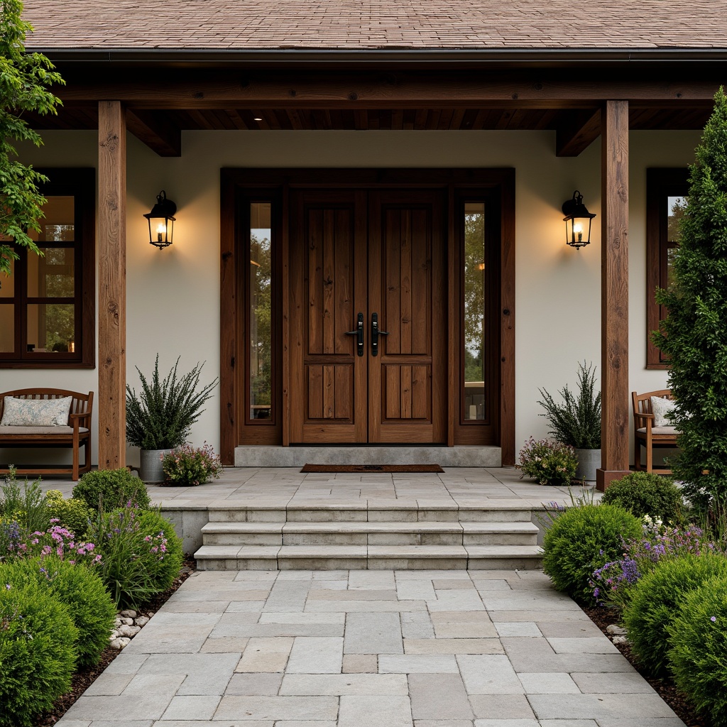 Prompt: Traditional home facade, ornate wooden doors, rustic bronze hardware, inviting porch lights, natural stone flooring, lush greenery, blooming flowers, symmetrical composition, warm soft lighting, shallow depth of field, 1/2 camera angle, realistic textures, ambient occlusion, classic roof tiles, earthy color palette, cozy entrance benches, decorative lanterns, intricate wooden carvings.