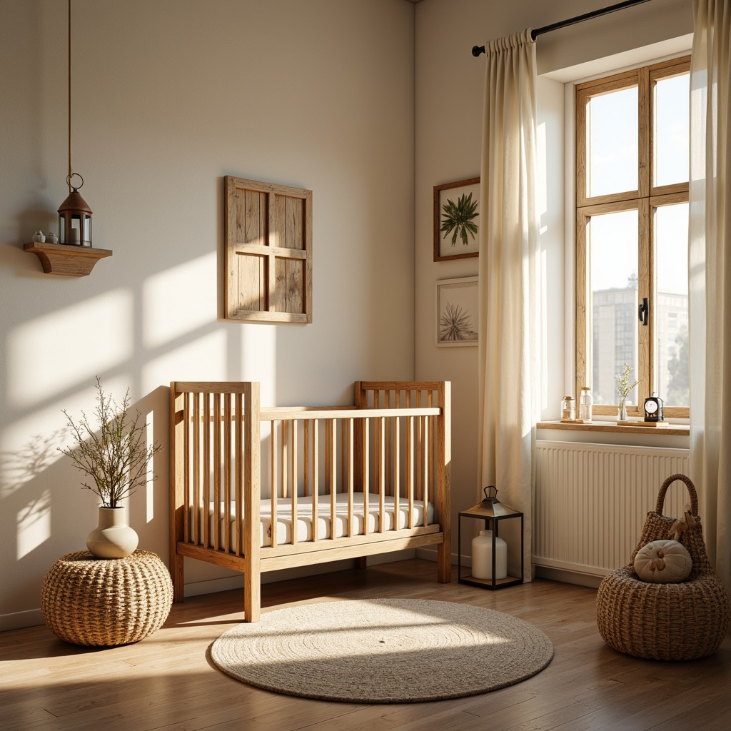 Prompt: Whimsical baby nursery, soft warm lighting, natural wood accents, woven rattan furniture, plush area rug, creamy white walls, distressed wooden crib, vintage metal lanterns, gentle table lamps, flowing curtains, rustic wooden shutters, sunny afternoon, warm beige tones, 1/1 composition, cozy atmosphere, realistic textures, subtle ambient occlusion.