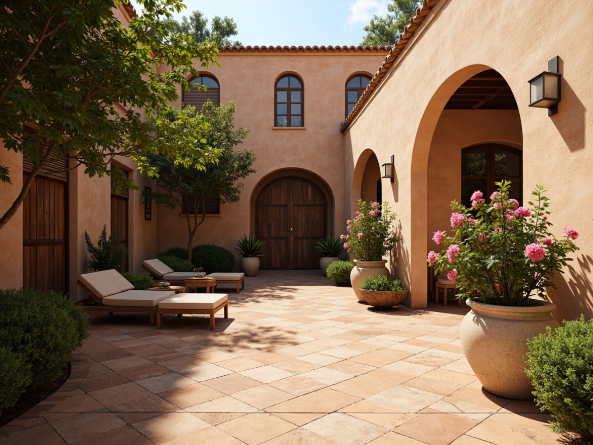 Prompt: Earthy Mediterranean villa, warm terracotta tiles, rustic stone walls, curved archways, ornate wooden doors, lush greenery, vibrant bougainvillea, tranquil courtyard, soft natural lighting, 3/4 composition, warm beige color palette, distressed textures, ambient occlusion.