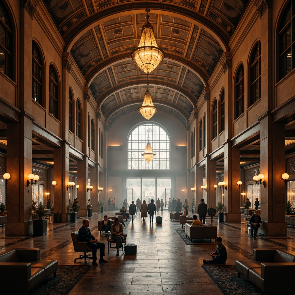 Prompt: Airport terminal, grand high ceilings, ornate stone walls, gothic arches, vaulted roofs, intricate carvings, dramatic chandeliers, warm golden lighting, soft ambient glow, accent spotlights, dark wood accents, luxurious leather upholstery, metallic fixtures, stained glass windows, majestic columns, atmospheric fog, mysterious shadows, cinematic lighting, 1/1 composition, symmetrical framing, low-key illumination.