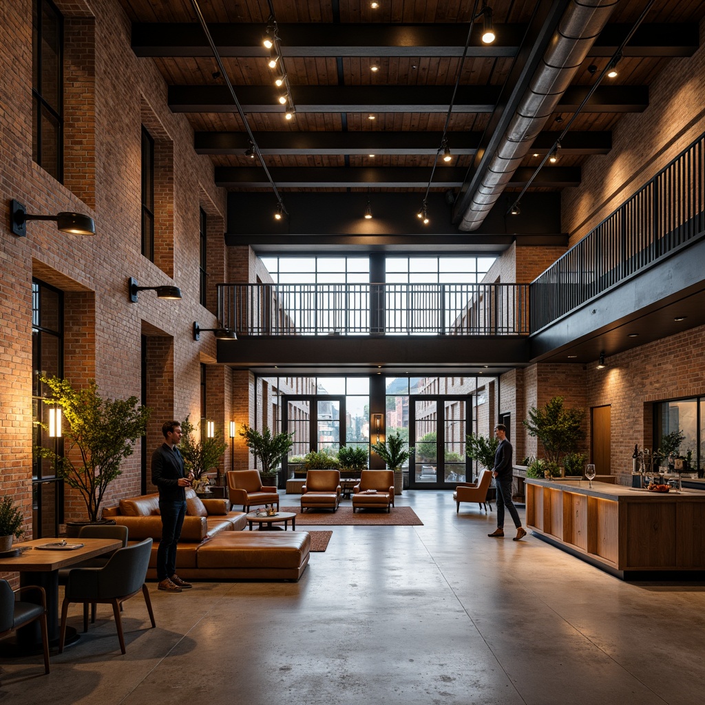 Prompt: Rustic industrial hotel lobby, exposed brick walls, metal beams, reclaimed wood accents, vintage factory lights, urban modern furniture, polished concrete floors, minimalist decor, functional layout, open-plan spaces, luxurious amenities, sleek metal railings, industrial-chic lighting fixtures, atmospheric dim lighting, shallow depth of field, 1/1 composition, realistic textures, ambient occlusion.