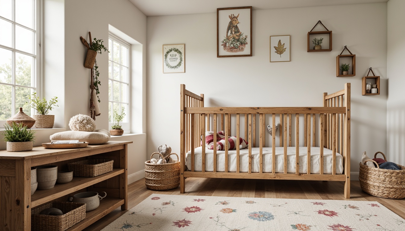 Prompt: Rustic wooden crib, distressed finishes, vintage-inspired decor, plush area rug, natural fiber textiles, woven basket storage, reclaimed wood changing table, soft pastel colors, floral patterns, antique hardware, cozy reading nook, warm lighting, earthy tones, organic shapes, nature-inspired accents, whimsical wall art, creamy whites, gentle curves, nostalgic feel, inviting atmosphere.