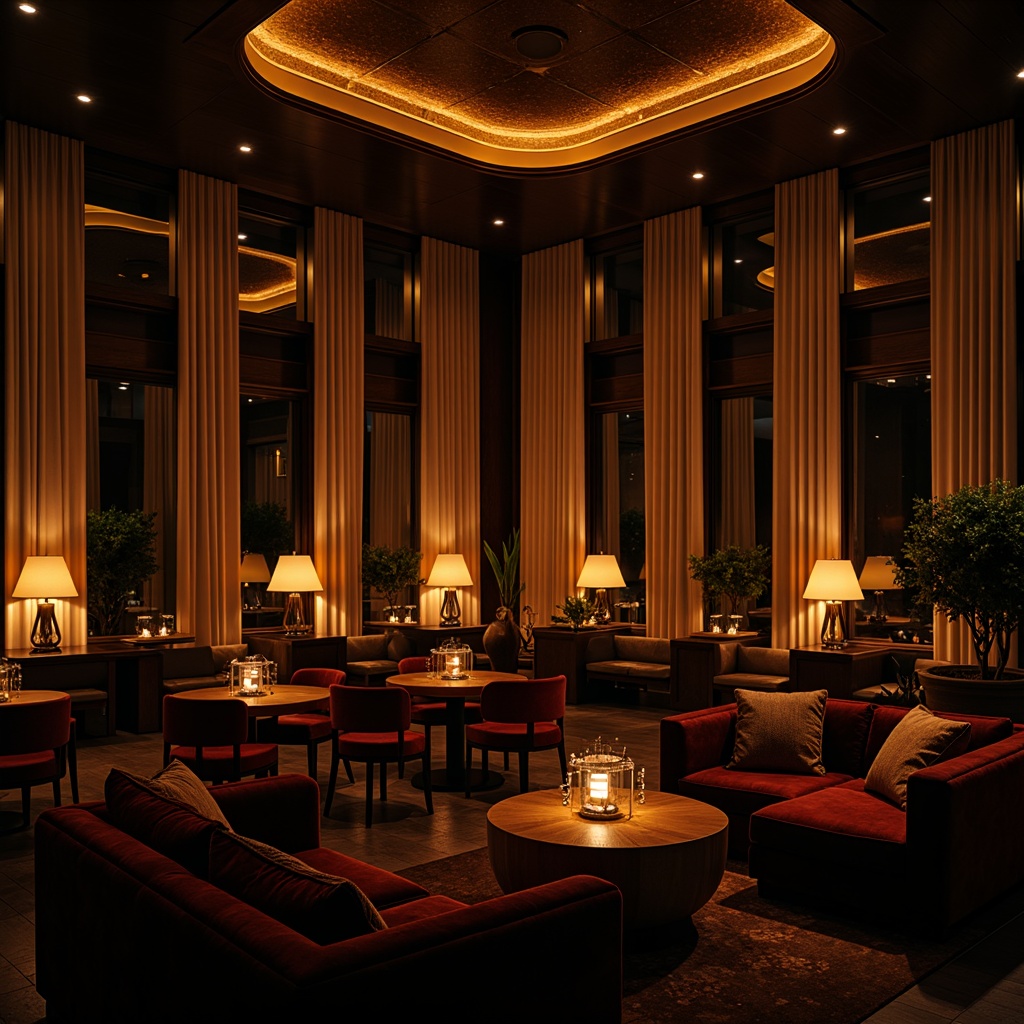 Prompt: Dimly lit luxurious lounge, warm golden lighting, soft glow of table lamps, floor-to-ceiling windows, sheer curtains, ambient shadows, cozy seating areas, plush velvet sofas, dark wood accents, metallic decorative fixtures, subtle LED strips, dramatic spotlights, rich jewel-toned colors, sophisticated modern decor, intimate atmosphere, relaxed ambiance, 1/2 composition, shallow depth of field, warm color grading.