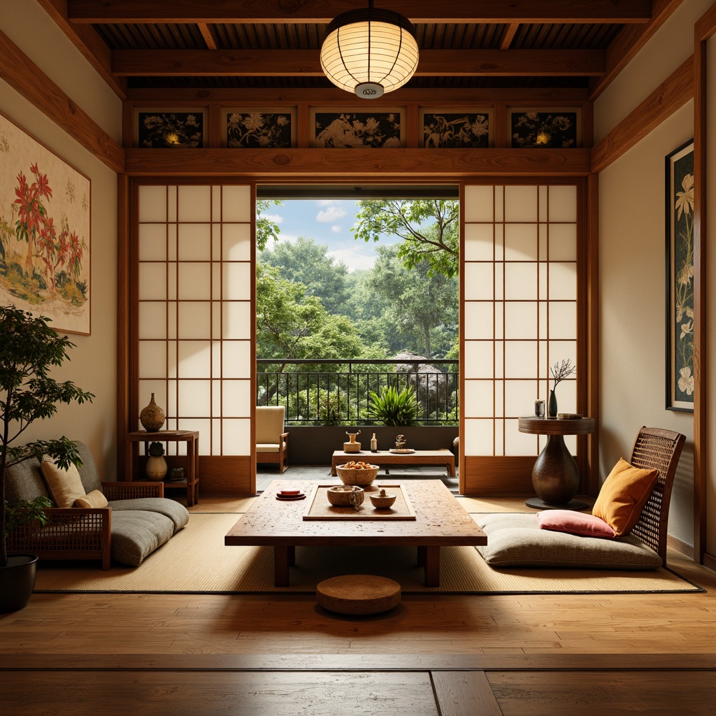 Prompt: Traditional Japanese sliding doors, natural wood accents, woven bamboo furniture, intricately carved wooden tables, paper lanterns, ornate ceramics, hand-painted murals, vibrant silk fabrics, minimalist decor, low-seating areas, tatami mats, shoji screens, bonsai plants, warm soft lighting, shallow depth of field, 1/1 composition, realistic textures, ambient occlusion.