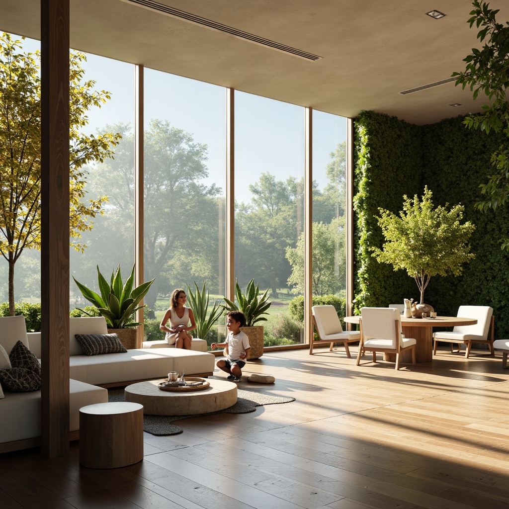 Prompt: Spacious open-plan living area, floor-to-ceiling windows, natural light pouring in, wooden flooring, minimal decor, sleek modern furniture, verdant green walls, lush potted plants, airy atmosphere, warm beige tones, soft diffused lighting, 1/1 composition, shallow depth of field, realistic textures, ambient occlusion.