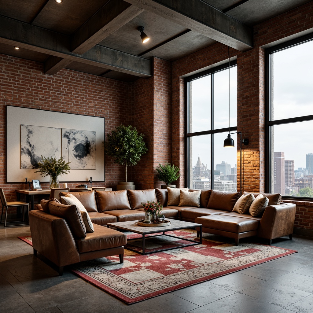 Prompt: Exposed brick walls, metal beams, reclaimed wood accents, vintage industrial lighting, distressed leather sofas, ornate metal frames, rich velvet fabrics, minimalist coffee tables, geometric patterned rugs, abstract artwork, urban cityscape views, large windows, concrete floors, industrial-chic decor, modern amenities, luxurious bedding, warm ambient lighting, shallow depth of field, 3/4 composition, realistic textures, ambient occlusion.