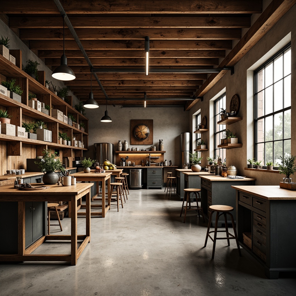 Prompt: Rustic garage workshop, wooden workbenches, metal tool cabinets, ergonomic stools, pendant lighting, concrete floors, industrial-style shelving units, vintage machinery, distressed wood accents, earthy color palette, natural textures, warm ambient lighting, shallow depth of field, 1/1 composition, realistic renderings.