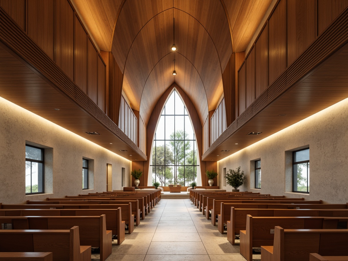 Prompt: Streamlined modern church, curved wooden pews, resonant acoustic panels, reverberation-enhancing high ceilings, sound-absorbing materials, minimalist ornate details, natural stone flooring, soft warm lighting, subtle ambient shadows, 1/1 composition, symmetrical architecture, grand entrance, stained glass windows, harmonious color palette, calming atmosphere, realistic textures, ambient occlusion.