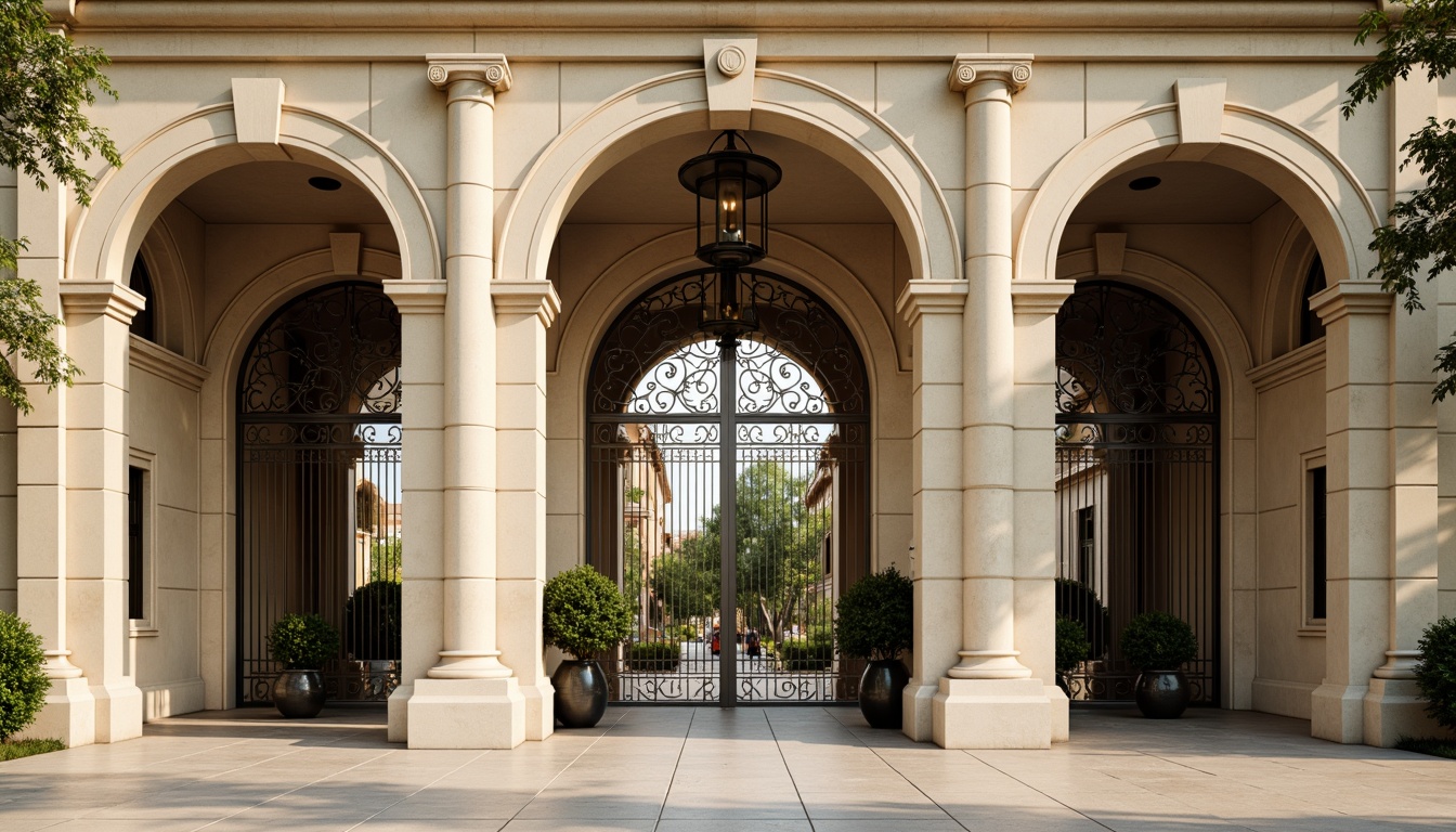 Prompt: Grand entrance archways, ornate metal gates, majestic stone columns, symmetrical facades, curved lines, classical architecture, elegant proportions, refined details, warm beige tones, soft afternoon lighting, subtle shadows, 1/1 composition, shallow depth of field, realistic textures.