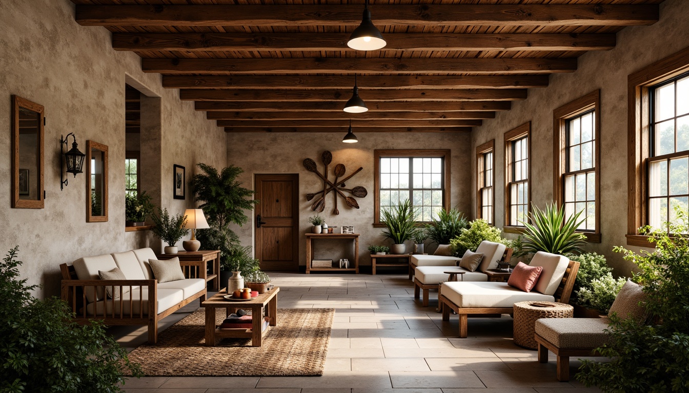 Prompt: Cozy farmhouse interior, rustic wooden beams, natural stone walls, vintage farm tools, warm ambient lighting, soft warm glow, table lamps, pendant lights, exposed brick ceilings, reclaimed wood furniture, earthy color palette, comfortable seating areas, lush greenery, potted plants, woven textiles, distressed metal accents, warm neutral tones, creamy whites, soft pastels, overhead lighting, floor lamps, task lighting, warm white LED lighting, rustic metal fixtures.