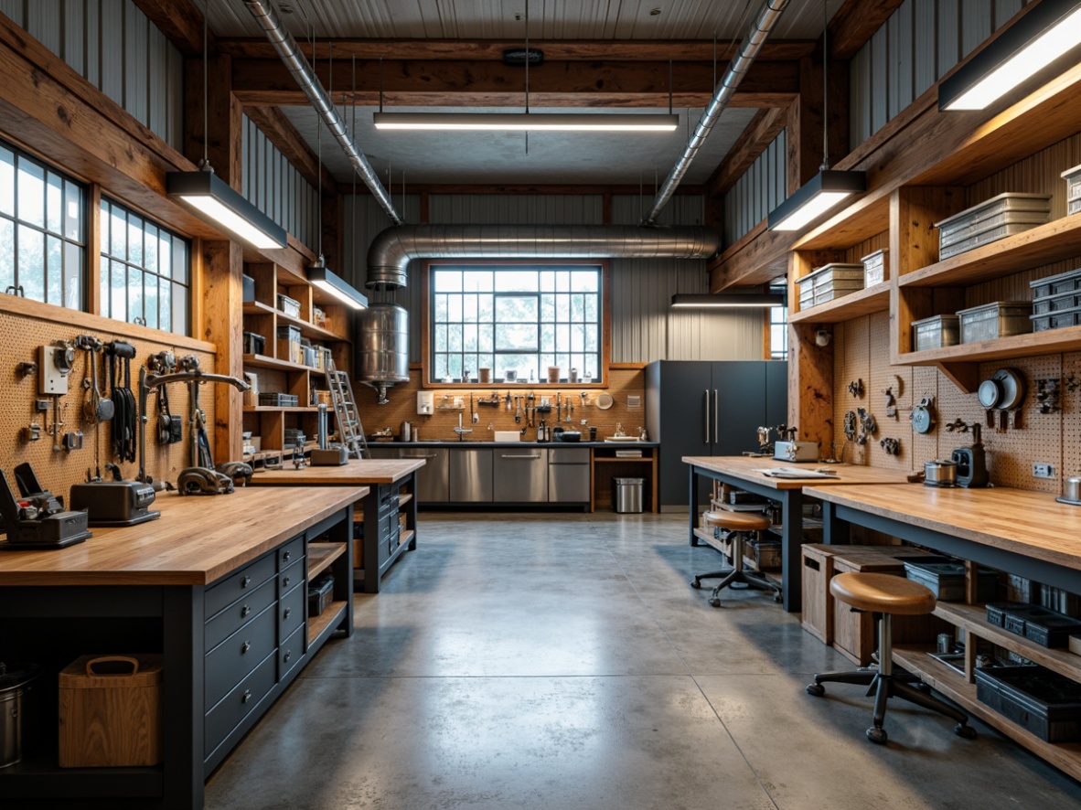 Prompt: Industrial-style garage, metal workbenches, wooden toolboxes, pegboards, vice grips, LED lighting, concrete floors, steel shelving units, magnetic hooks, socket sets, power tools, organized storage systems, epoxy resin countertops, ergonomic stools, natural wood accents, well-ventilated spaces, bright overhead lighting, 1/1 composition, shallow depth of field, realistic textures.