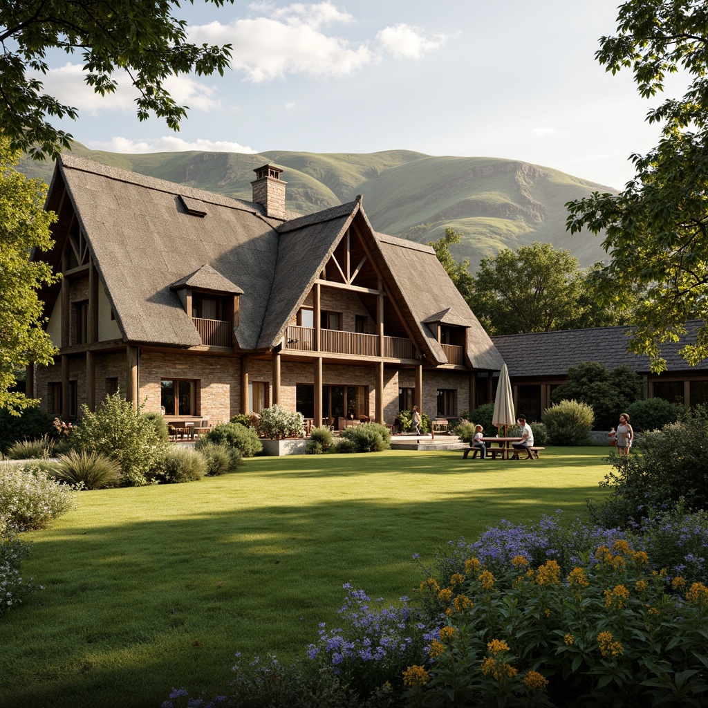 Prompt: Rustic academic house, thatched roof, earthy tones, natural materials, wooden beams, stone walls, cozy interior, warm lighting, traditional British countryside, rolling hills, lush greenery, blooming wildflowers, sunny afternoon, soft focus, shallow depth of field, 1/2 composition, realistic textures, ambient occlusion.Please let me know if this meets your expectations!