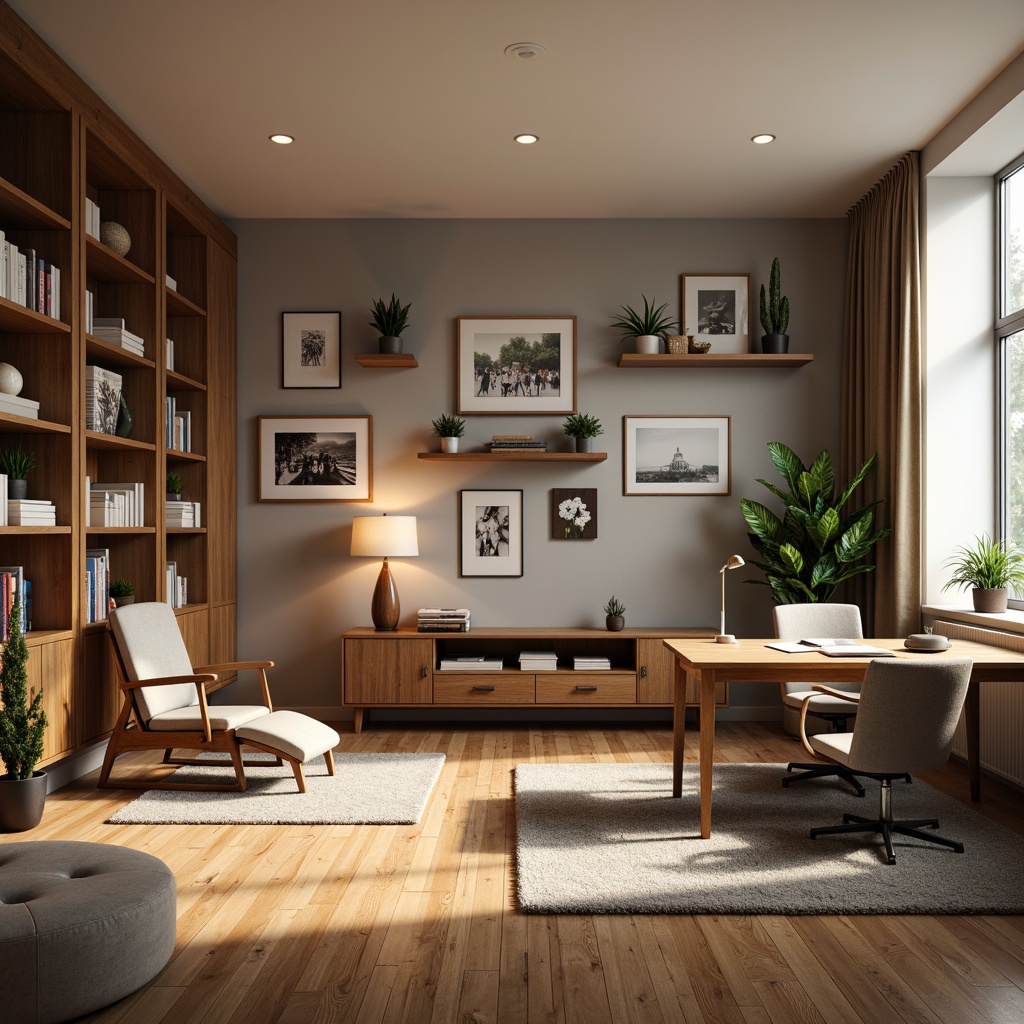 Prompt: Academic-style apartment, wooden floors, neutral color palette, modern minimalist furniture, ergonomic chairs, wooden desks, bookshelves, floor lamps, cozy reading nooks, plush area rugs, soft warm lighting, 1/1 composition, shallow depth of field, realistic textures, ambient occlusion.