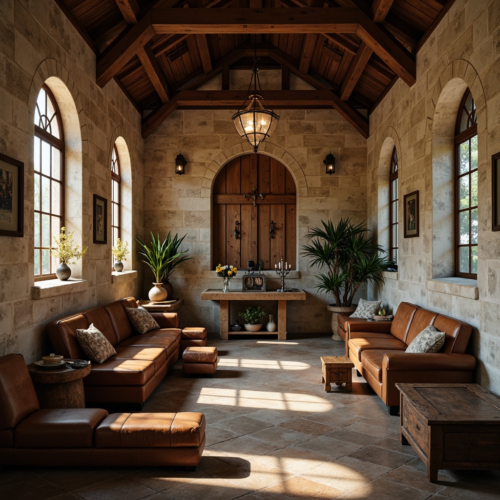 Prompt: Rustic memorial center, wooden benches, distressed finishes, natural stone walls, earthy tones, vintage lanterns, metal accents, reclaimed wood coffers, worn leather armchairs, antique decor, soft warm lighting, shallow depth of field, 3/4 composition, panoramic view, realistic textures, ambient occlusion.