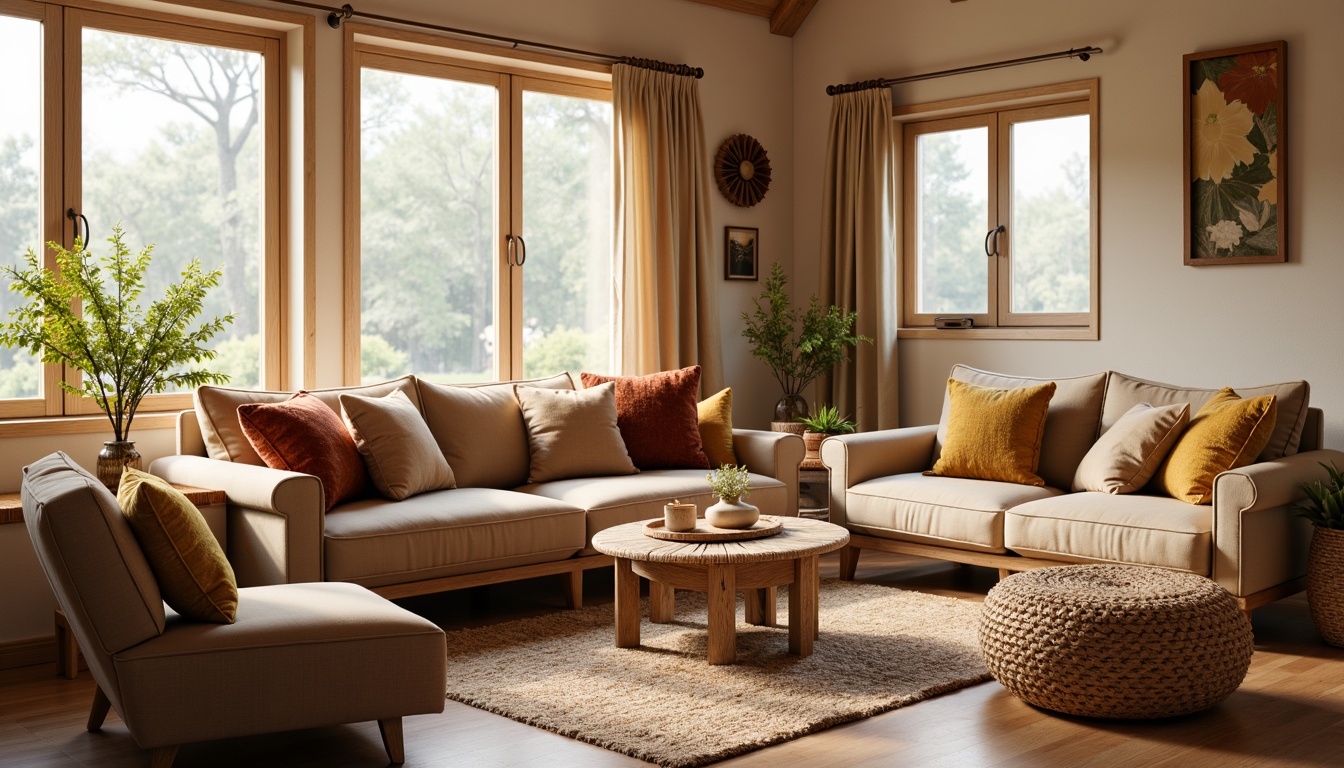 Prompt: Cozy living room, plush throw pillows, soft velvet upholstery, woven wicker furniture, natural fiber rugs, warm beige walls, large windows, gentle daylight, subtle shadows, shallow depth of field, 1/1 composition, realistic textures, ambient occlusion, minimal ornamentation, earthy color palette, organic shapes, tactile materials, inviting atmosphere.