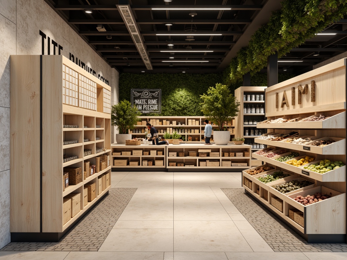 Prompt: Minimalist grocery store interior, light wood tone shelving units, sleek metal frames, geometric patterned floor tiles, Nordic-inspired signage, natural stone walls, industrial-style lighting fixtures, functional storage bins, open display cases, rustic wooden crates, abundant greenery, modern Scandinavian aesthetic, airy atmosphere, soft warm lighting, shallow depth of field, 3/4 composition, realistic textures, ambient occlusion.