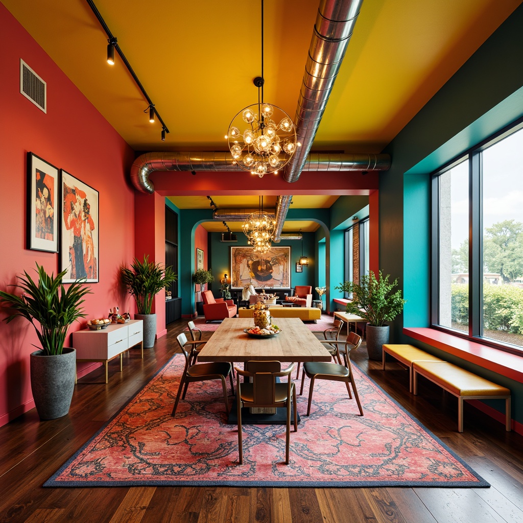 Prompt: Vibrant dining room, postmodernist style, eclectic furniture, bold color palette, bright coral walls, turquoise accents, sunny yellow ceiling, rich walnut wood floors, ornate metal fixtures, playful patterned rugs, abstract artwork, geometric shapes, industrial chic lighting, exposed ductwork, metallic chairs, whimsical decorative accessories, lush green plants, warm afternoon light, shallow depth of field, 1/2 composition.