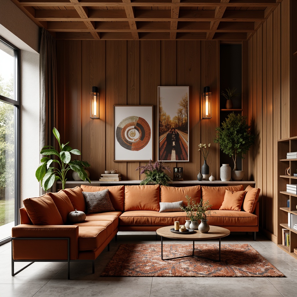 Prompt: Retro-inspired living room, warm wooden accents, rich velvet upholstery, sleek metal legs, natural stone flooring, geometric patterned rugs, statement lighting fixtures, organic shapes, earthy color palette, cozy atmosphere, soft box lighting, shallow depth of field, 1/1 composition, realistic textures, ambient occlusion.