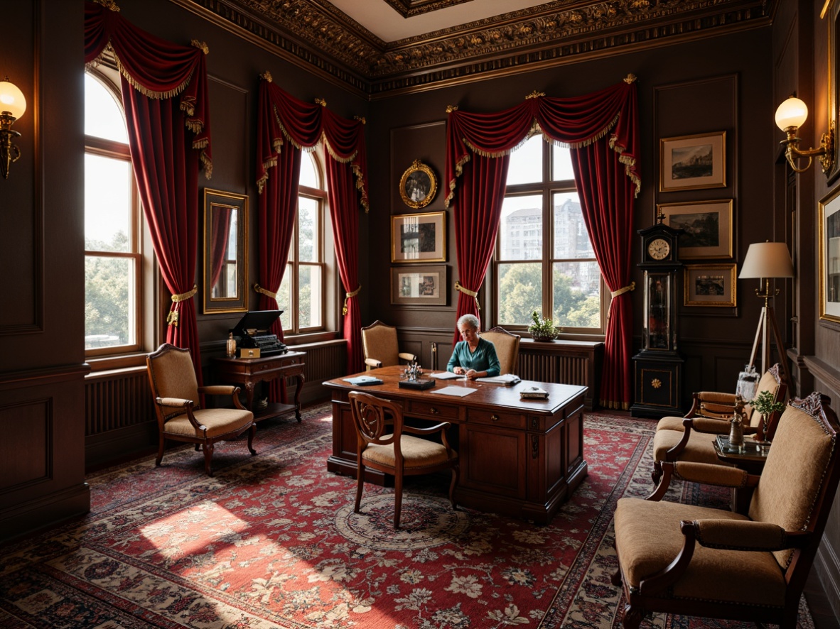 Prompt: Ornate wooden desk, leather-bound books, rich velvet drapes, intricately carved chairs, antique brass lamps, lavish floral patterns, dark stained wood paneling, ornamental ceiling molding, stately grandfather clock, vintage typewriter, luxurious silk rugs, warm golden lighting, shallow depth of field, 1/1 composition, realistic textures, ambient occlusion.