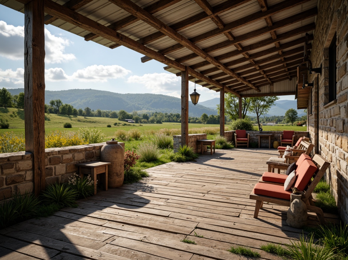 Prompt: Rustic farmhouse, weathered wooden planks, stone walls, metal roofing, vintage farm tools, distressed finishes, earthy color palette, natural textures, organic forms, countryside landscape, rolling hills, green pastures, wildflowers, sunny afternoon, warm soft lighting, shallow depth of field, 2/3 composition, realistic materials, ambient occlusion.