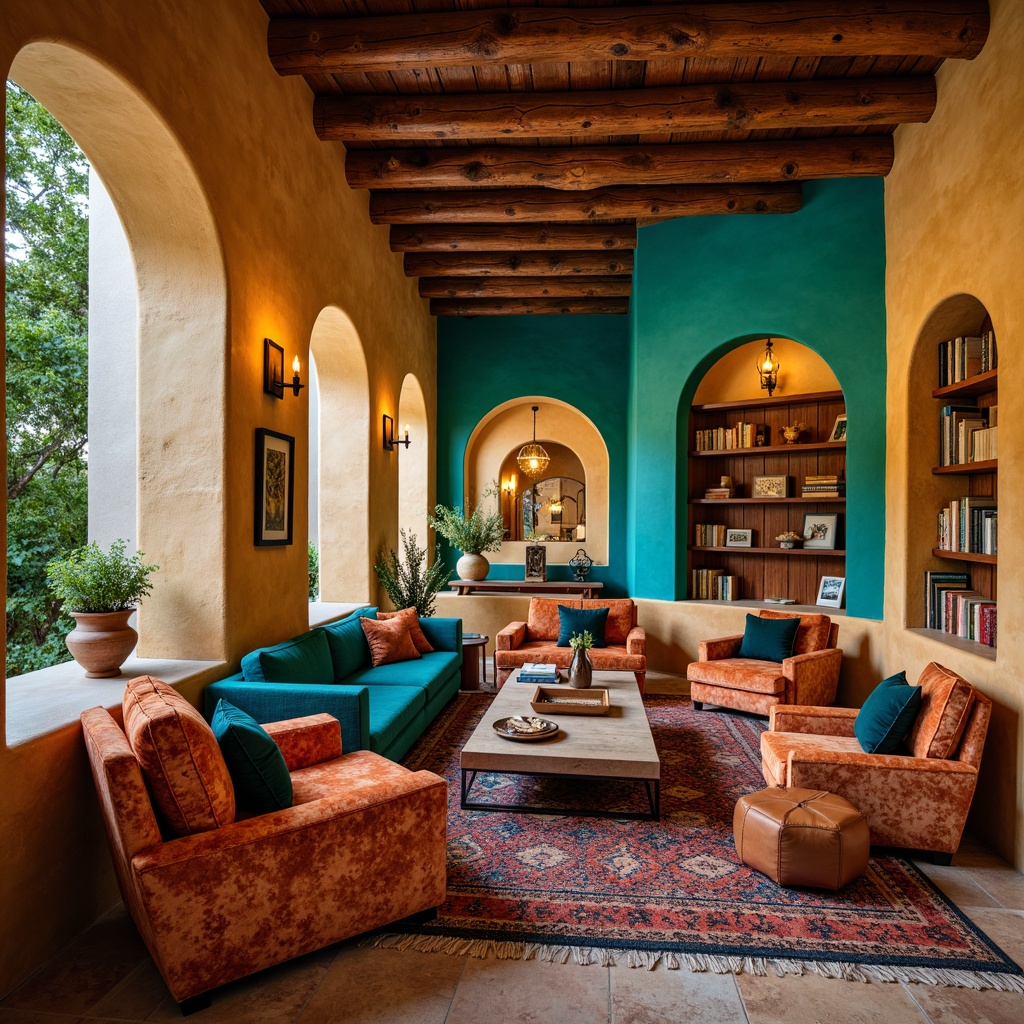 Prompt: Vibrant turquoise accents, earthy adobe walls, rustic wooden beams, woven Native American patterns, plush velvet furniture, leather-bound books, warm golden lighting, richly textured rugs, Southwestern-inspired architectural details, curved lines, cozy reading nooks, floor-to-ceiling shelves, natural stone flooring, ambient warmth, soft focus, shallow depth of field, 2/3 composition, intimate atmosphere.