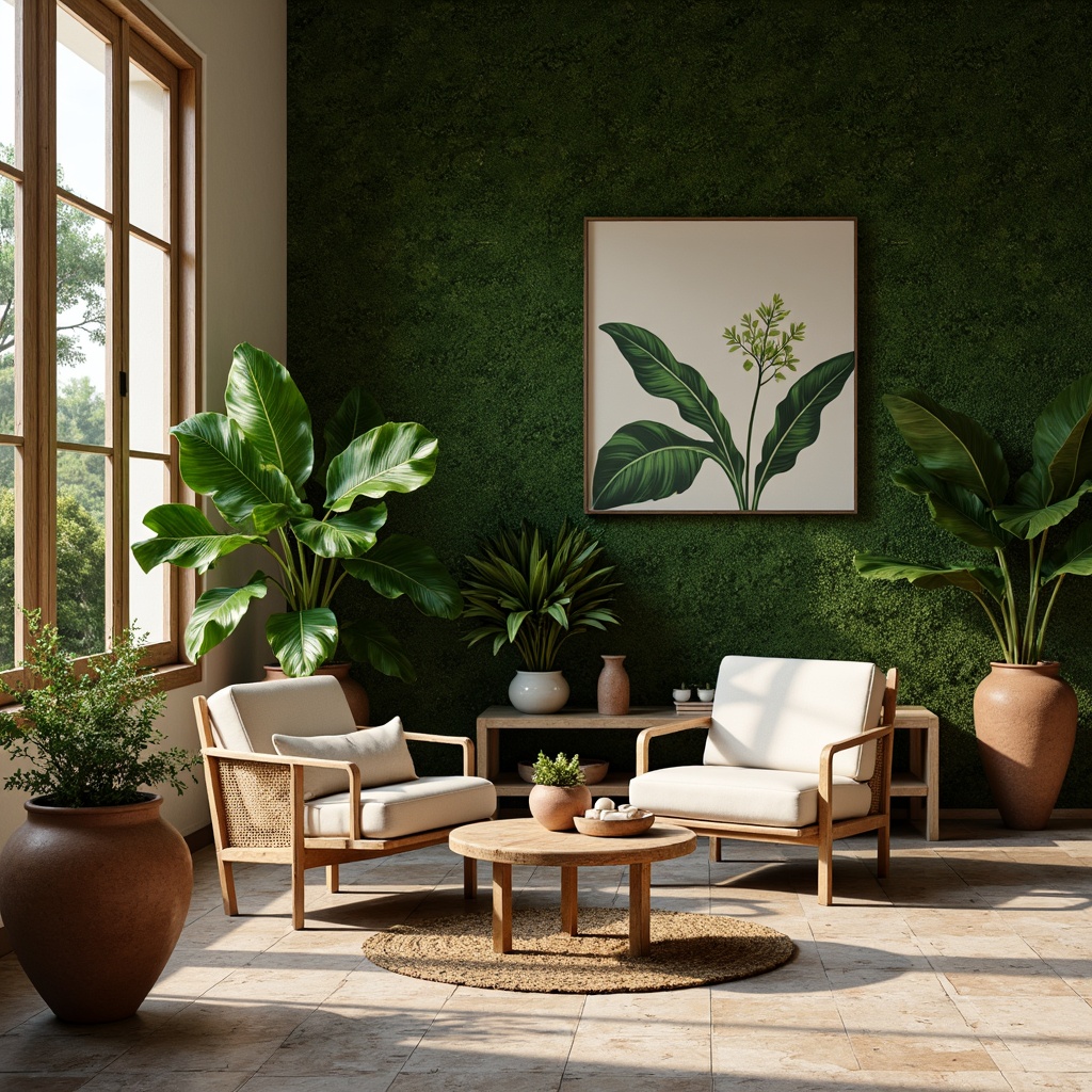 Prompt: Moss green accent walls, natural stone flooring, earthy terracotta planters, lush foliage, organic shapes, botanical illustrations, woven rattan furniture, distressed wood accents, soft cream textiles, warm beige ceramics, ambient lighting, shallow depth of field, 1/2 composition, cinematic atmosphere, realistic moss textures, subtle fog effect.