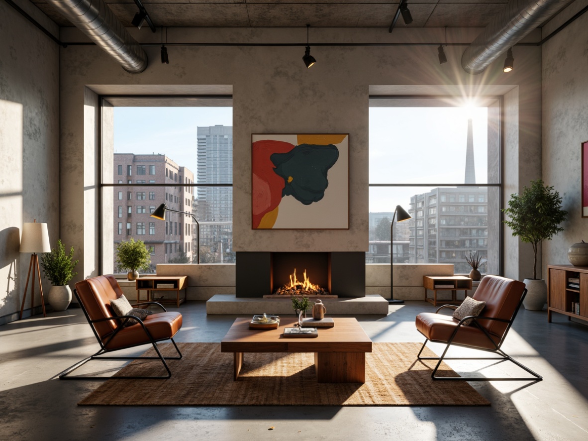 Prompt: Minimalist living room, industrial materials, steel tubular chairs, leather cushions, geometric patterns, rectangular coffee tables, functional lamps, primary color accents, abstract artwork, polished concrete floors, large windows, urban views, sunny day, high contrast lighting, shallow depth of field, 3/4 composition, realistic textures, ambient occlusion.Let me know if this meets your requirements!