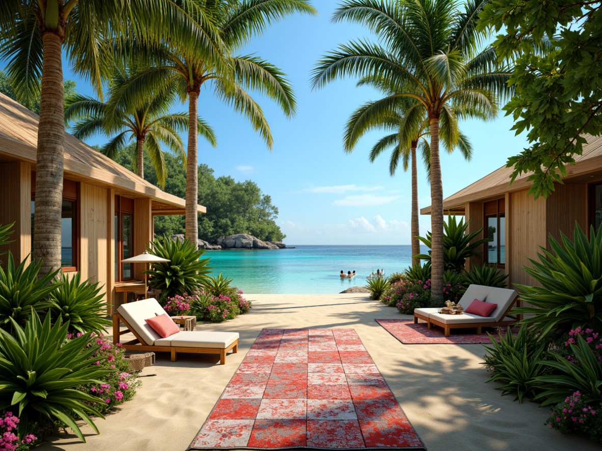 Prompt: Vibrant tropical setting, lush green foliage, exotic flowers, warm sandy beach, crystal-clear turquoise water, bright coral reefs, sunny day, soft warm lighting, shallow depth of field, 3/4 composition, panoramic view, realistic textures, ambient occlusion, pastel-colored wooden huts, woven bamboo textures, rattan furniture, natural fiber rugs, bold colorful textiles, intricate island-inspired patterns, eclectic global accents.