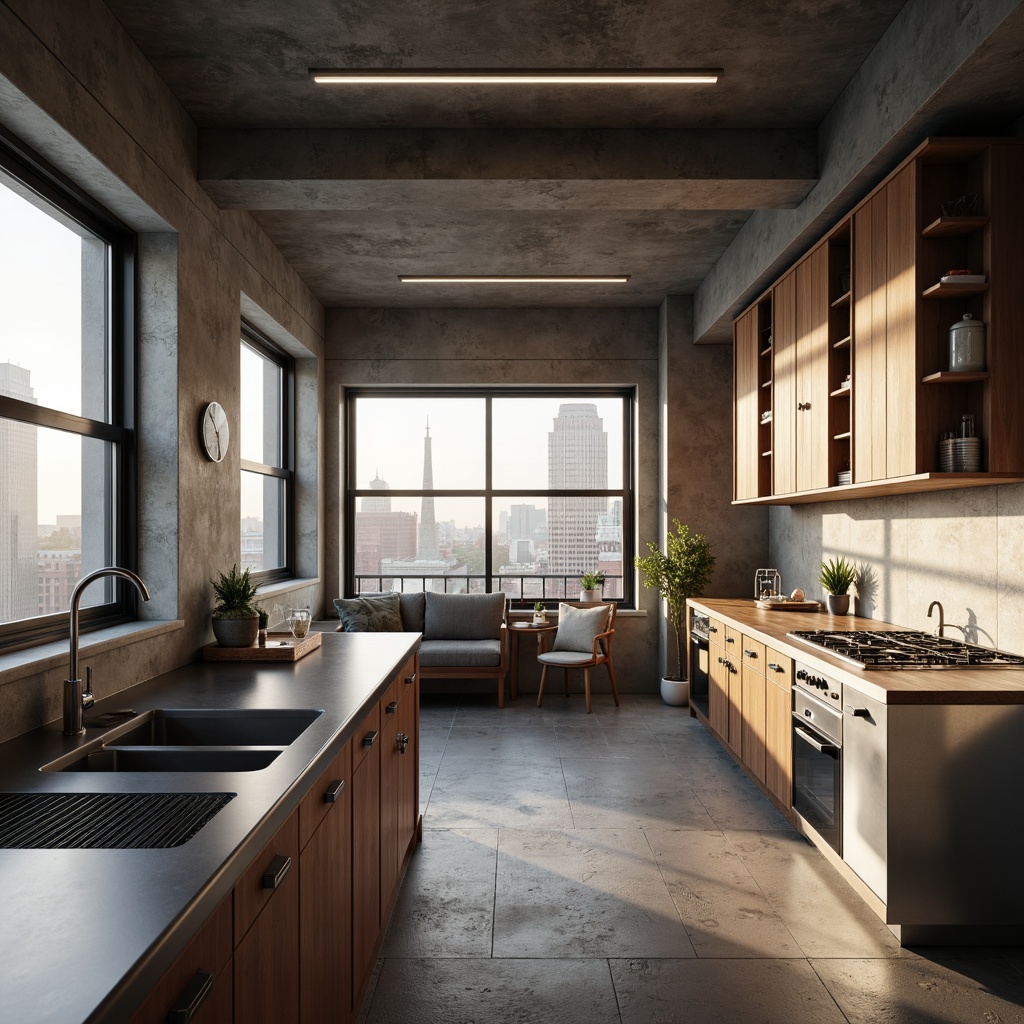 Prompt: Minimalist kitchen, functional layout, geometric shapes, monochromatic color scheme, industrial materials, metal countertops, wooden cabinets, sleek handles, stainless steel appliances, pendant lighting, open shelving, minimalist decor, natural stone flooring, urban loft setting, warm afternoon light, shallow depth of field, 2/3 composition, realistic textures, ambient occlusion.