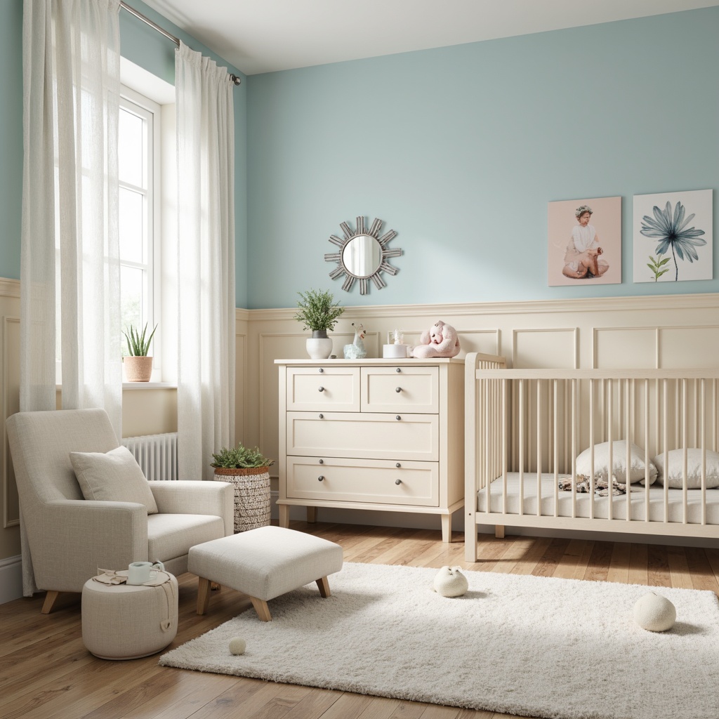 Prompt: Soft baby blue nursery, gentle cream accents, warm beige furniture, delicate lace textures, sweet pastel colors, tender peach tones, creamy whites, pale silver hardware, modern minimalist decor, natural wood floors, softbox lighting, shallow depth of field, 1/1 composition, intimate atmosphere, serene ambiance.