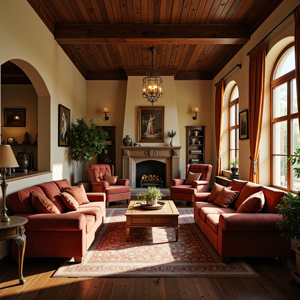 Prompt: Cozy traditional living room, warm wooden accents, plush velvet sofas, ornate armchairs, Moroccan-inspired tiles, intricate patterns, soft golden lighting, elegant chandeliers, luxurious fabrics, vintage decorative items, restored antique furniture, classic English roll-arm sofas, tufted upholstery, subtle color palette, harmonious seating arrangement, balanced composition, 1/1 aspect ratio, warm beige walls, dark hardwood floors, rustic wooden beams, inviting atmosphere, soft focus, shallow depth of field.