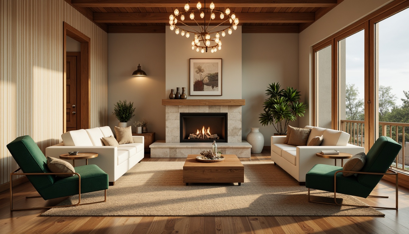 Prompt: Cozy living room, warm beige walls, rich walnut wood floors, soft cream sofas, velvety emerald green armchairs, golden metal accents, natural stone fireplaces, modern minimalist chandeliers, calming ambient lighting, shallow depth of field, 3/4 composition, panoramic view, realistic textures, warm earthy tones, inviting atmosphere, comfortable furniture layouts.