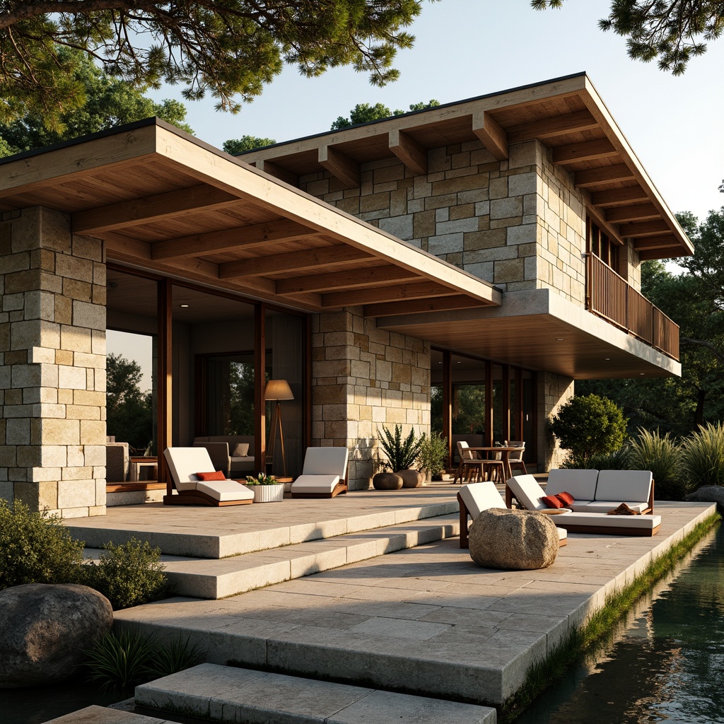 Prompt: Rustic villa, mid-century modern architecture, stone walls, wooden accents, textured surfaces, rough-hewn stones, reclaimed wood floors, earthy tones, natural materials, organic shapes, seamless transitions, floor-to-ceiling windows, sliding glass doors, lush greenery, overhanging eaves, shallow pitched roofs, warm ambient lighting, soft focus, atmospheric perspective, 1/1 composition, cinematic view, detailed normal maps.