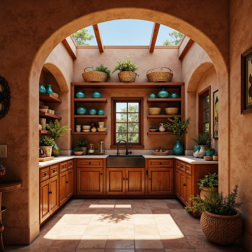 Prompt: Southwestern-style pantry, warm earthy tones, rustic wooden cabinetry, ornate metal hardware, turquoise accents, woven basket storage, clay tile flooring, adobe-inspired archways, natural light pouring through skylights, ambient soft shadows, 1/2 composition, shallow depth of field, realistic textures, vibrant cultural patterns.