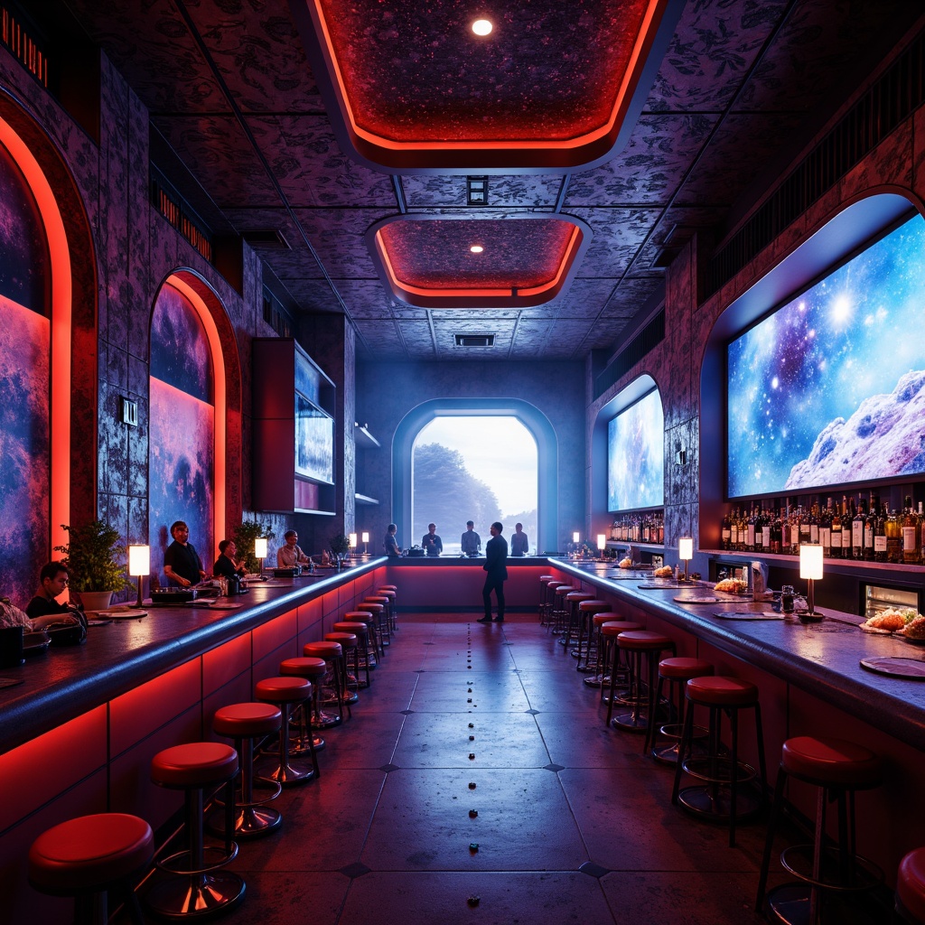 Prompt: Galactic bar, cosmic atmosphere, neon lights, futuristic curves, metallic surfaces, holographic projections, space-age furniture, celestial-inspired decor, asteroid-shaped counters, planetary-style lighting, Martian-red accents, stellar-patterned flooring, orbiting seating areas, rocket-ship style VIP rooms, extraterrestrial landscaping, nebula-colored walls, gravity-defying installations, 3D-projection mapping, dynamic ambient lighting, shallow depth of field, panoramic view, realistic textures, ambient occlusion.