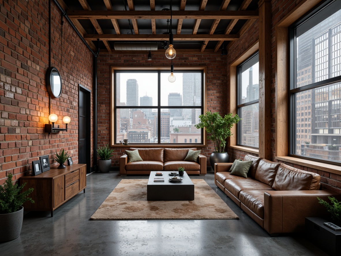 Prompt: Exposed brick walls, metal beams, industrial-chic decor, reclaimed wood accents, polished concrete floors, sleek steel furniture, distressed leather sofas, vintage factory lamps, Edison bulb lighting, minimalist color palette, neutral tones, urban cityscape views, bustling streets, modern skyscrapers, 3/4 composition, shallow depth of field, realistic textures, ambient occlusion.