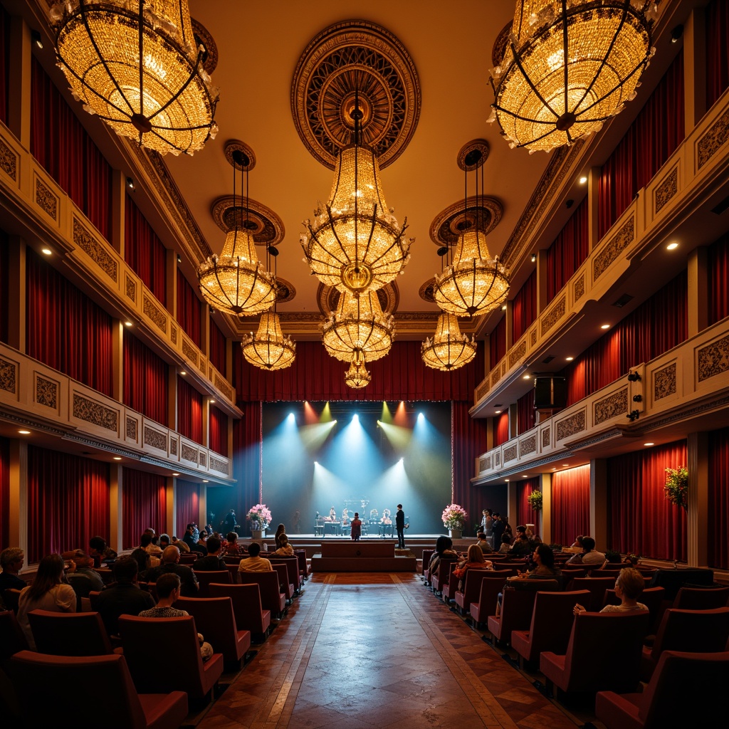 Prompt: Elegant concert hall, grandiose chandeliers, warm golden lighting, ornate metal fixtures, suspended lanterns, LED stage lights, colorful spotlights, dramatic uplighting, lavish velvet curtains, polished wooden floors, luxurious seating areas, intimate ambiance, soft diffused lighting, 1/2 composition, low-angle shot, cinematic mood, realistic reflections, subtle glow effects.