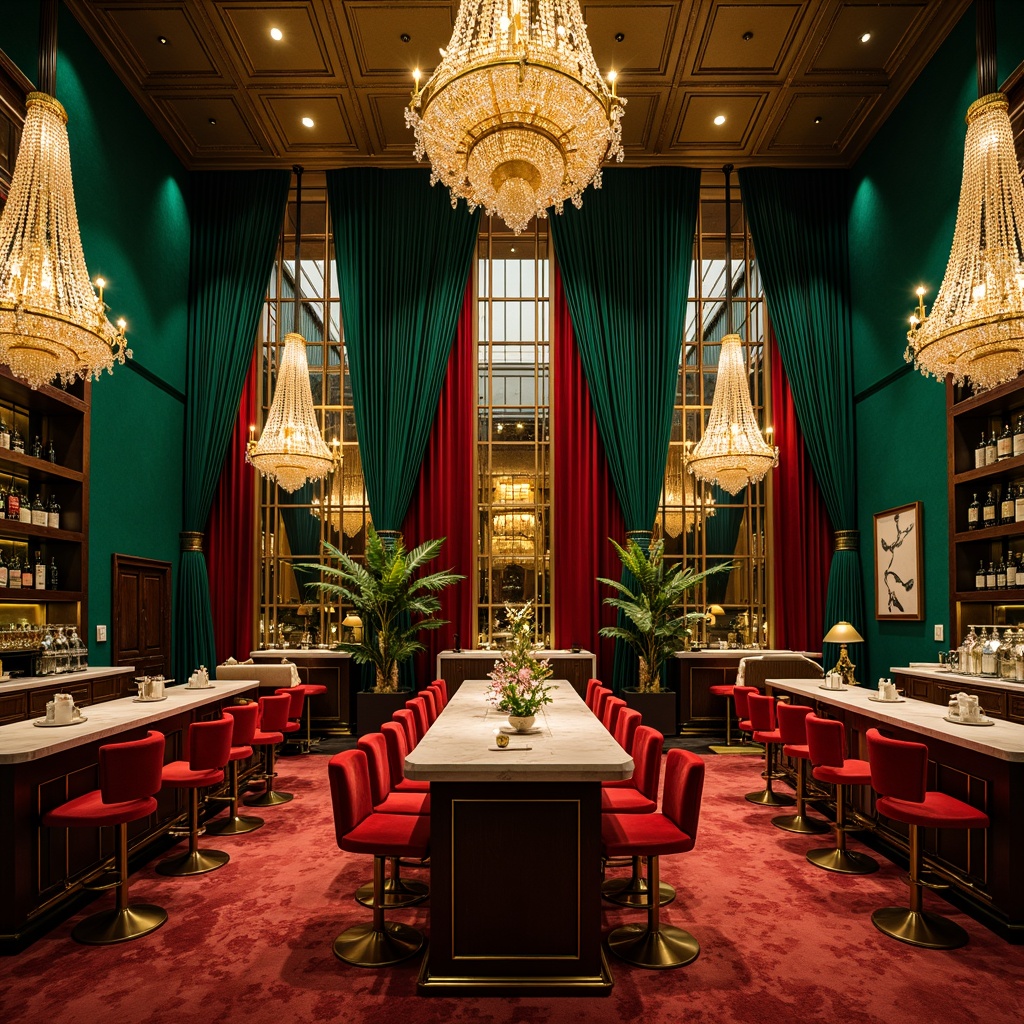 Prompt: Luxurious art deco bar, rich jewel tones, emerald green, sapphire blue, ruby red, gold accents, metallic sheen, geometric patterns, ornate details, opulent textures, velvet drapes, marble countertops, crystal chandeliers, warm golden lighting, sophisticated ambiance, 1920s inspiration, glamorous atmosphere, lavish decor, high-contrast colors, bold typography, dramatic shadows, cinematic mood.