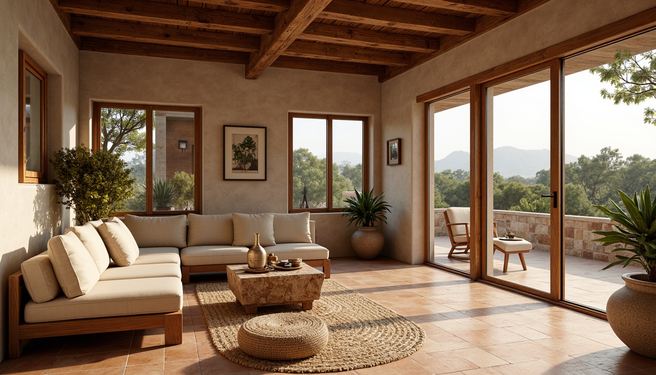 Prompt: Warm Mediterranean villa, rustic stone walls, terracotta floors, wooden beam ceilings, natural linen fabrics, soft warm lighting, golden hour ambiance, subtle shadows, ambient occlusion, warm color palette, earthy tones, ceramic vases, greenery, potted plants, large windows, sliding glass doors, outdoor verandas, scenic views, bright sunny day, high contrast ratio, 1/1 composition, realistic textures.