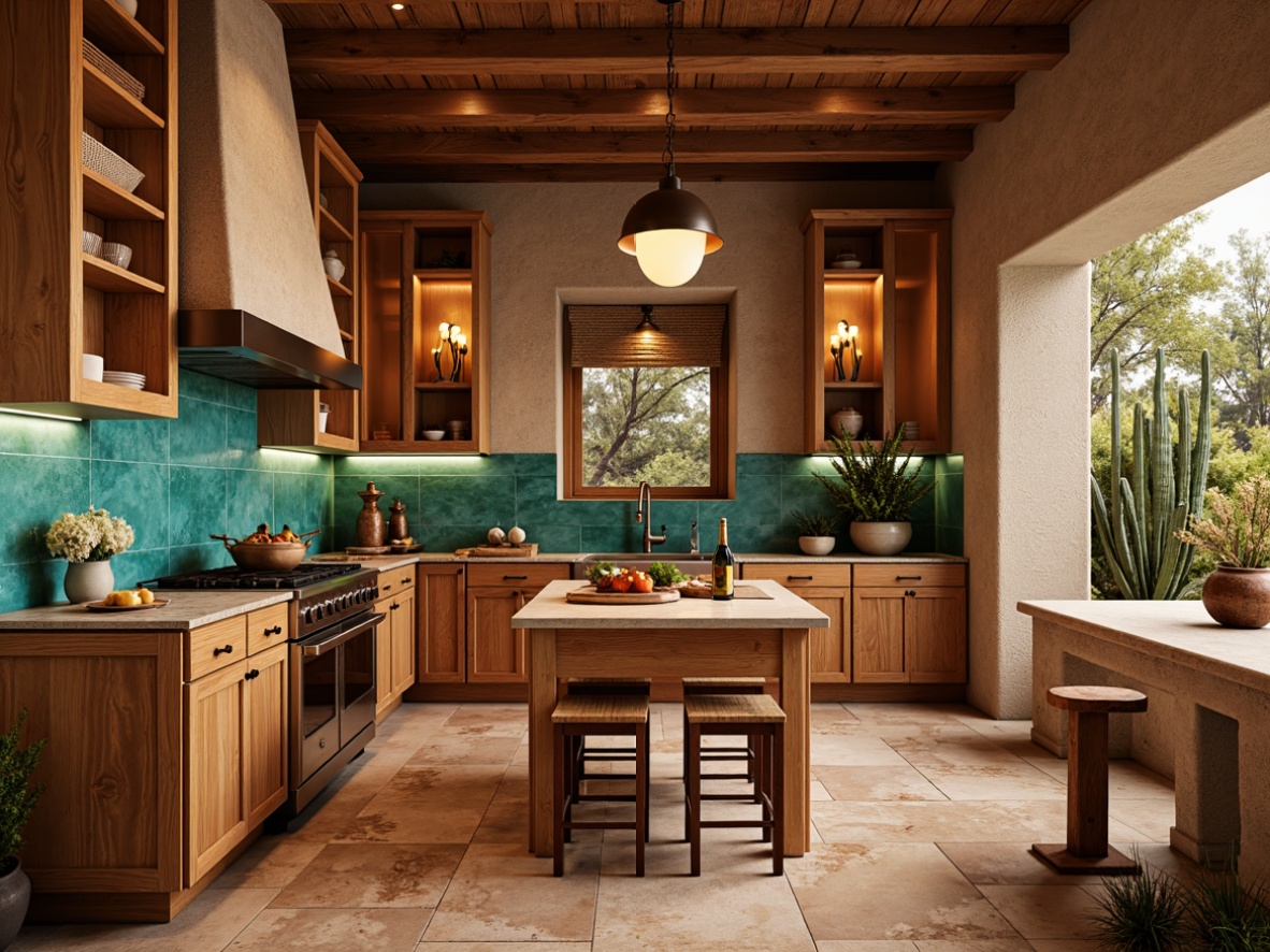 Prompt: Southwestern pantry, warm earthy tones, rustic wooden cabinets, rich brown granite countertops, natural stone backsplashes, copper accents, woven textiles, vibrant turquoise glass tiles, desert botanicals, pendant lanterns, wrought iron hardware, cozy breakfast nook, warm ambient lighting, shallow depth of field, 1/1 composition, realistic textures, soft focus.