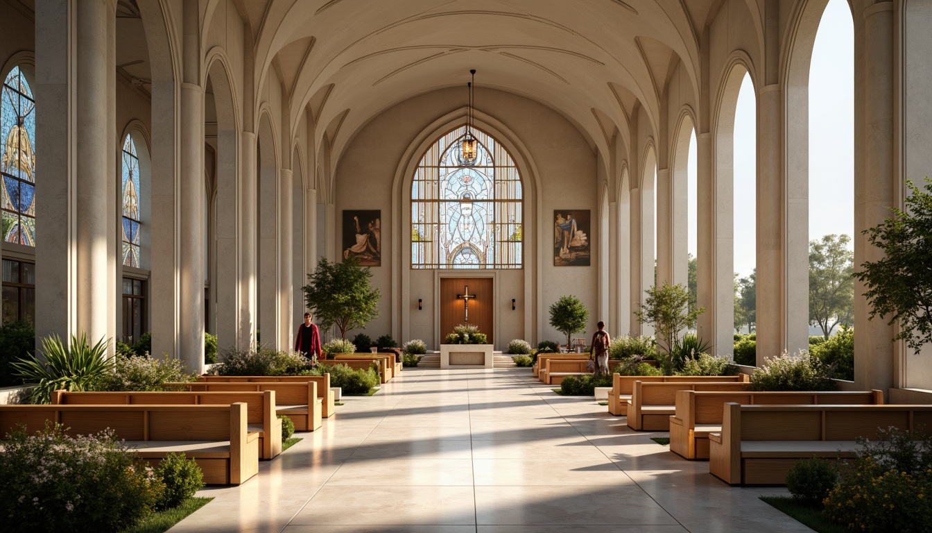 Prompt: Minimalist church fa\u00e7ade, sleek lines, curved arches, stained glass windows, ornate metal door handles, polished marble floors, vaulted ceilings, subtle lighting accents, elegant wooden pews, intricate stone carvings, serene ambiance, soft warm glow, shallow depth of field, 1/1 composition, symmetrical framing, realistic textures, ambient occlusion, lush greenery surroundings, blooming flowers, sunny day.