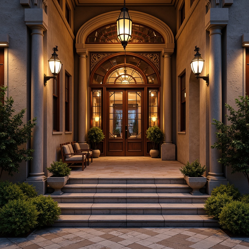 Prompt: Grand entrance, ornate doorways, classical columns, symmetrical facades, decorative pediments, rich wood tones, carved wooden doors, bronze hardware, elegant lanterns, inviting porches, stately staircases, luxurious chandeliers, intricate moldings, ornamental plasterwork, rustic stone walls, earthy color palette, natural textures, warm ambient lighting, shallow depth of field, 3/4 composition, realistic rendering.