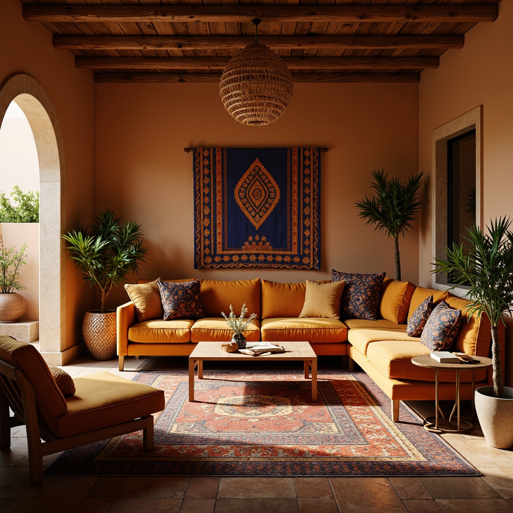 Prompt: Cozy living room, plush velvet sofa, soft cushions, woven baskets, natural fiber rugs, warm earthy tones, organic textures, traditional African patterns, vibrant colorful throws, intricate geometric motifs, Moroccan-inspired tiles, rustic wooden accents, ambient warm lighting, shallow depth of field, 1/1 composition, realistic render.