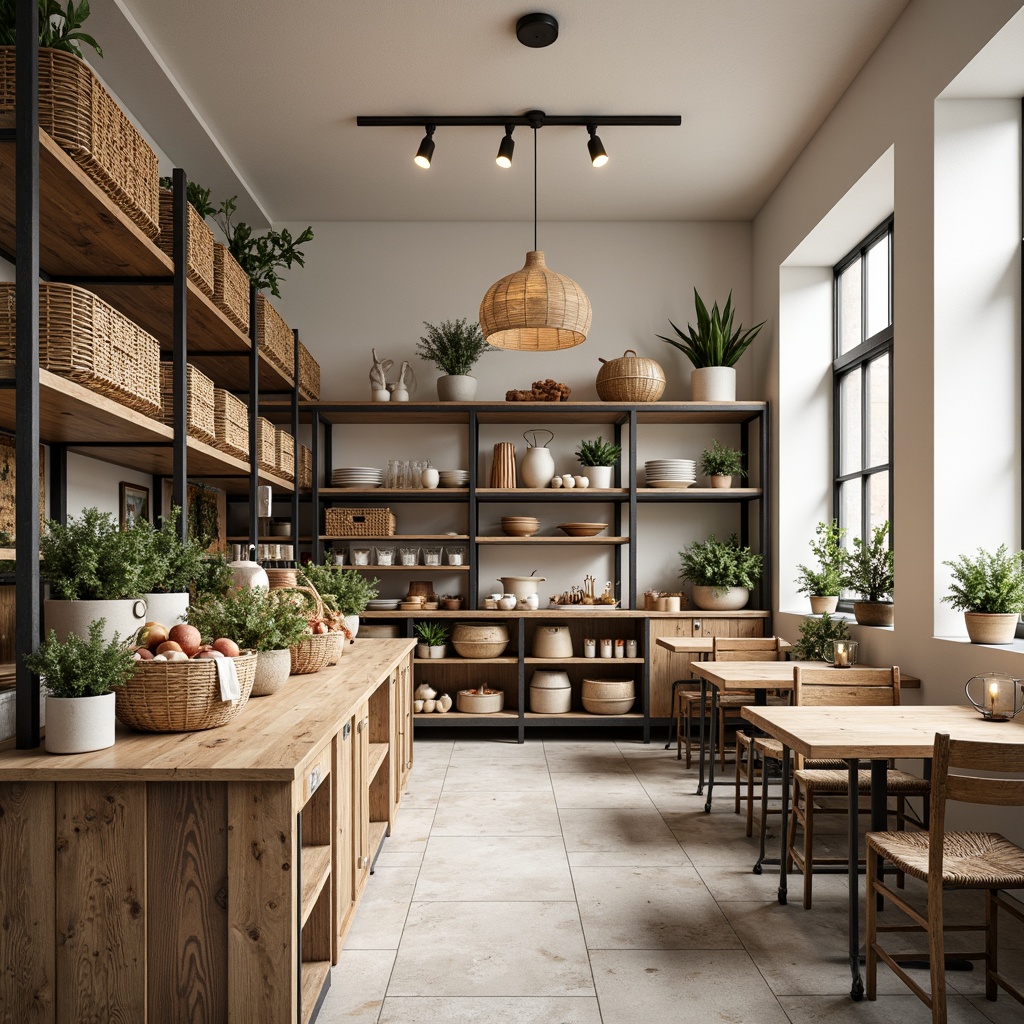 Prompt: Light-filled Scandinavian grocery store, minimalist wooden shelves, industrial metal racks, woven wicker baskets, natural stone floors, reclaimed wood accents, creamy white walls, warm pendant lighting, cozy nooks, rustic wooden tables, vintage-inspired display cases, distressed metal chairs, earthy-toned ceramics, woven textiles, Nordic-inspired patterns, 1/2 composition, softbox lighting, shallow depth of field, realistic textures.