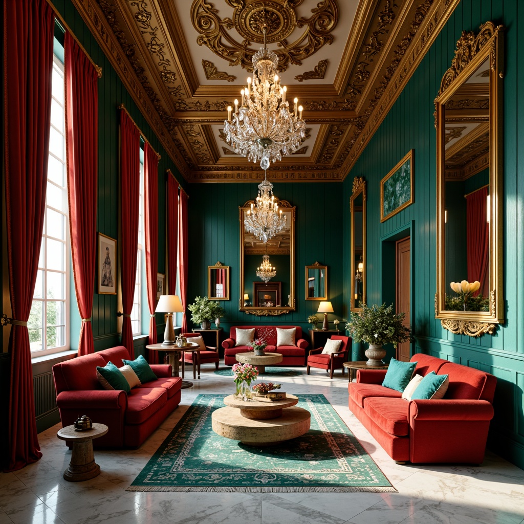 Prompt: Richly ornate interior, lavish furnishings, velvety soft fabrics, golden accents, intricately carved wooden panels, crystal chandeliers, opulent drapery, vibrant jewel-toned colors, emerald green walls, ruby red velvet sofas, turquoise patterned rugs, creamy white marble floors, ornate mirrors, gilded frames, warm candlelight, dramatic shadows, high-contrast lighting, 1/2 composition, shallow depth of field, realistic textures, ambient occlusion.