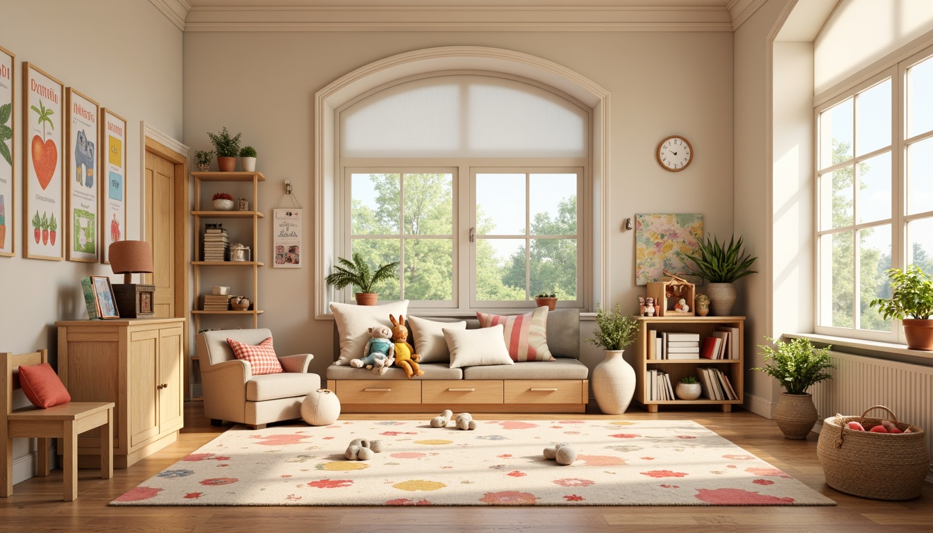 Prompt: Whimsical kindergarten classroom, soft pastel colors, classic wooden furniture, plush toys, vibrant textiles, floral patterns, gentle curves, warm beige walls, creamy white trim, natural wood accents, cozy reading nook, oversized pillows, educational charts, colorful rugs, scattered toys, playful lighting, shallow depth of field, 1/1 composition, realistic textures, ambient occlusion.