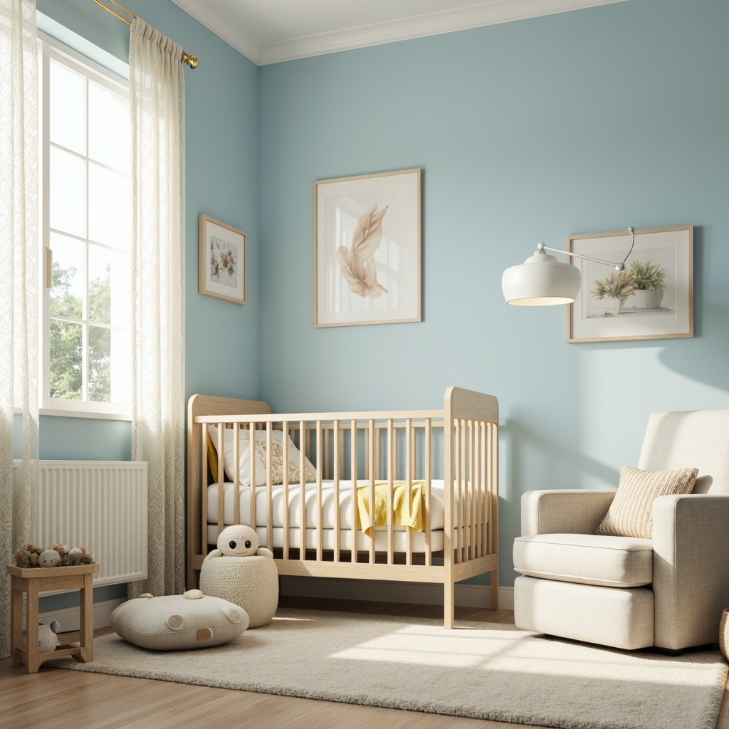 Prompt: Soft baby blue nursery, creamy whites, pale yellows, gentle grays, plush toys, crib furniture, delicate lace, satin fabrics, subtle sheens, warm beige carpet, rounded edges, natural wood accents, minimalist decor, softbox lighting, shallow depth of field, 1/1 composition, realistic textures, ambient occlusion.