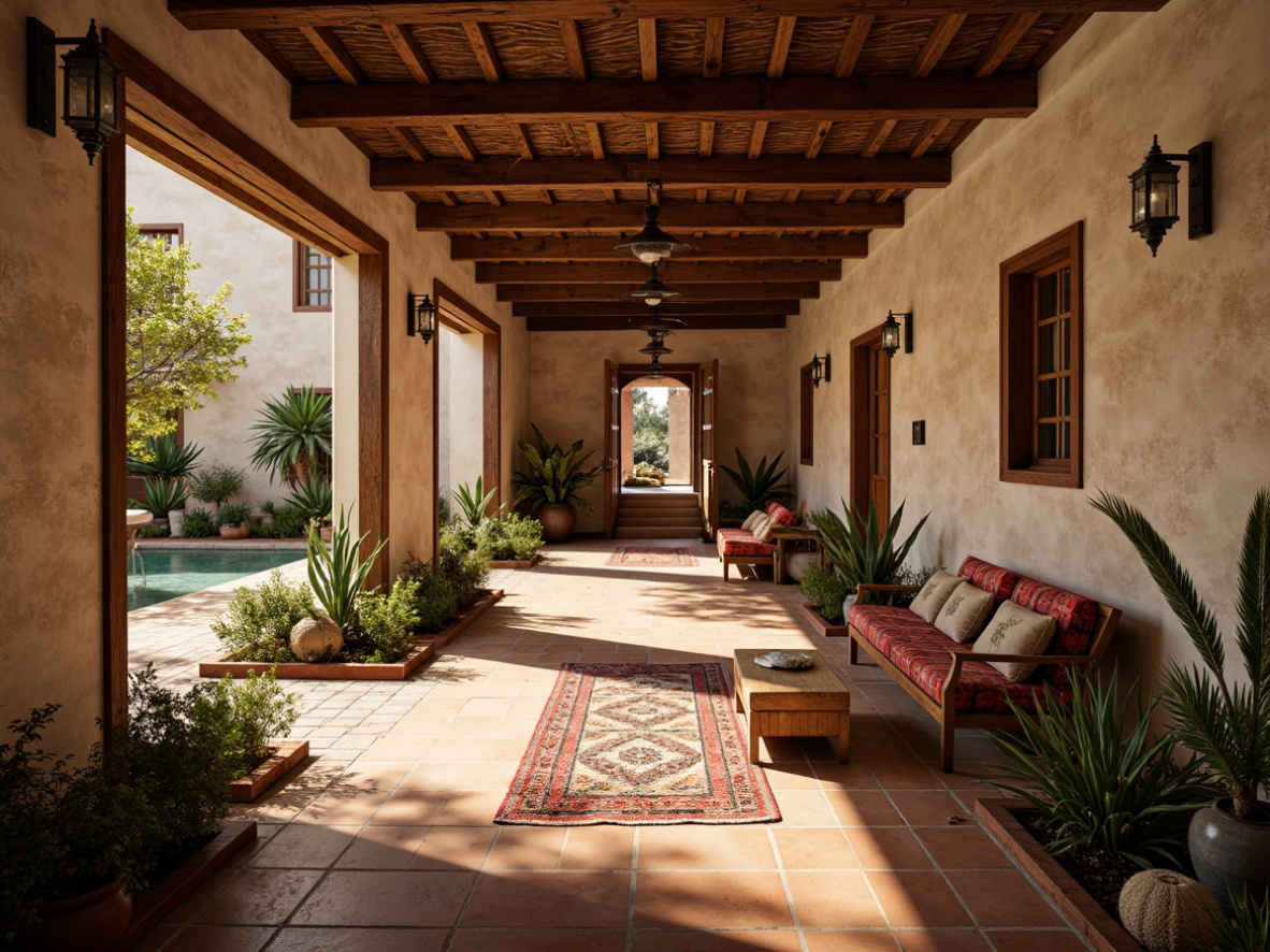 Prompt: Traditional cultural center, rustic wooden accents, earthy terracotta floors, vibrant woven textiles, intricate tile work, ornate metal lanterns, warm golden lighting, soft natural fabrics, distressed stone walls, worn wooden benches, lush greenery, serene water features, shallow depth of field, 1/2 composition, realistic materials, ambient occlusion.