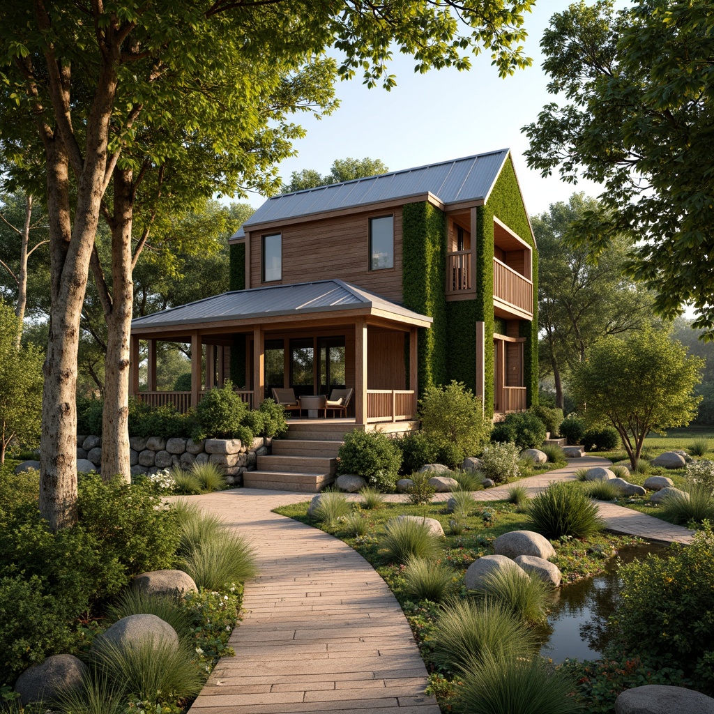 Prompt: Organic farmhouse, reclaimed wood accents, living green walls, natural stone foundations, earthy color palette, rustic metal roofing, wooden beams, bamboo flooring, woven fiber textiles, organic gardens, meandering pathways, serene countryside surroundings, warm soft lighting, shallow depth of field, 2/3 composition, realistic textures, ambient occlusion.