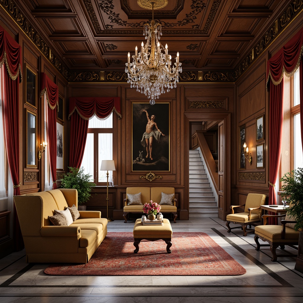 Prompt: Luxurious museum interior, Renaissance-inspired decor, ornate wooden furniture, intricately carved details, velvet upholstery, golden accents, crystal chandeliers, marble floors, grand staircases, lavish drapery, richly textured fabrics, subtle color palette, warm soft lighting, 1/1 composition, shallow depth of field, realistic reflections, ambient occlusion.